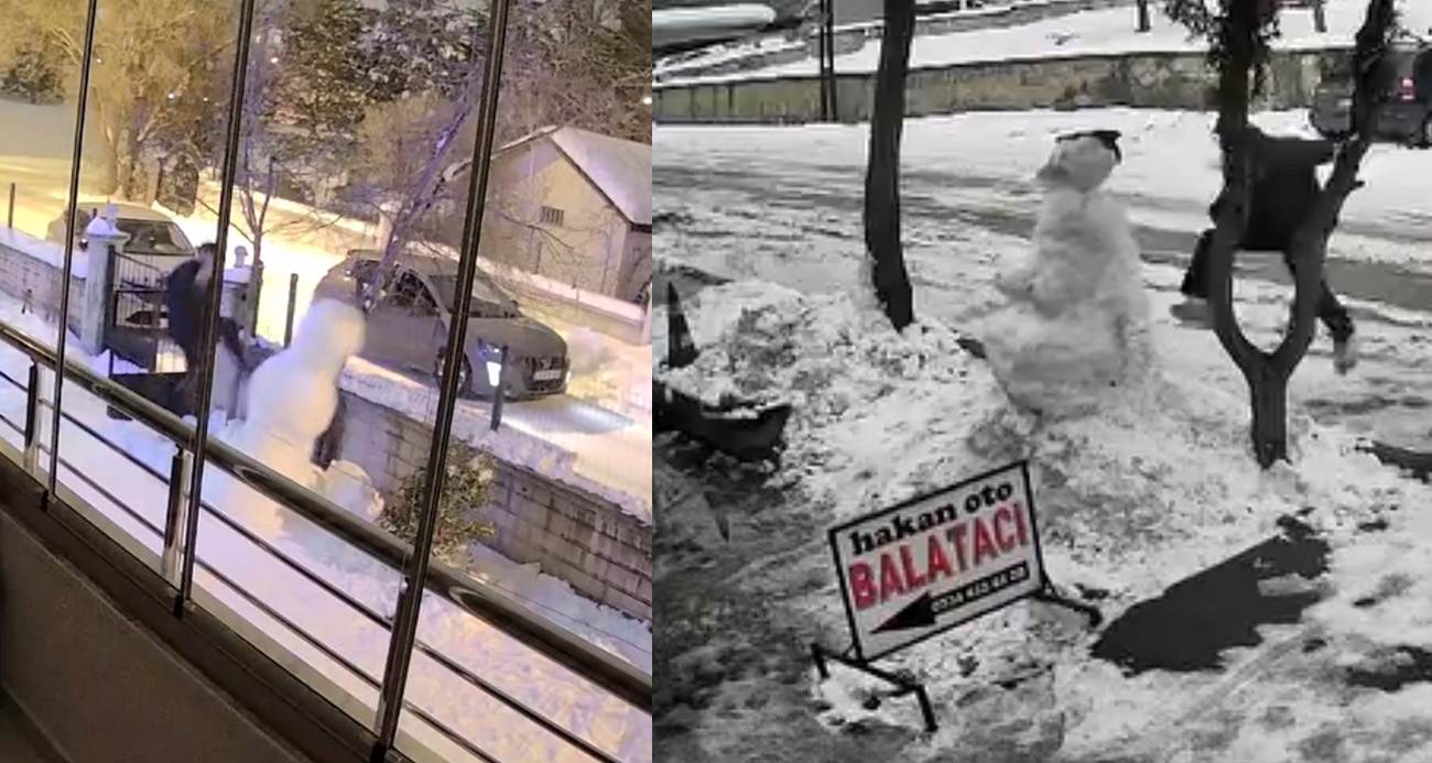 Aracından indi kardan adamı yıkıp gitti