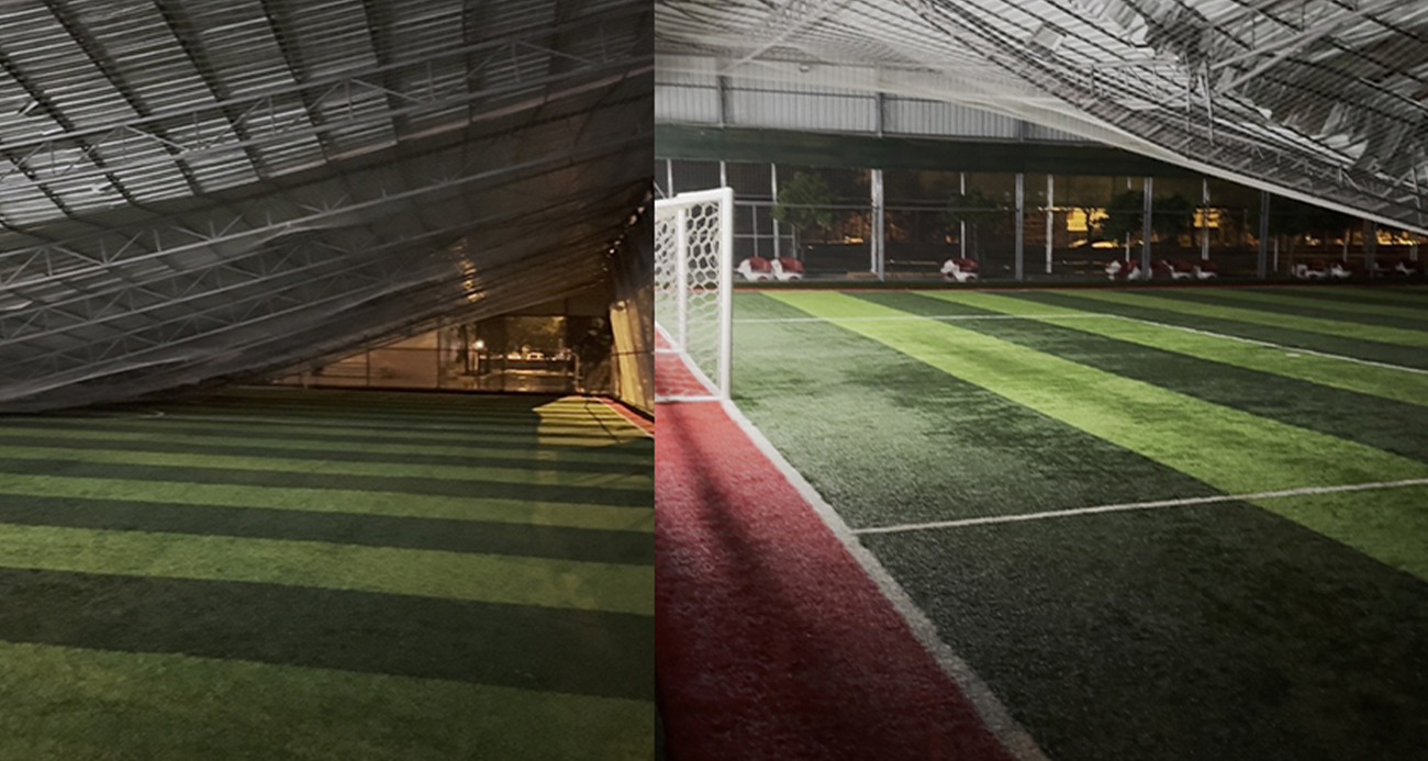 Antalya’da şiddetli rüzgarda halı sahanın tavanı çöktü