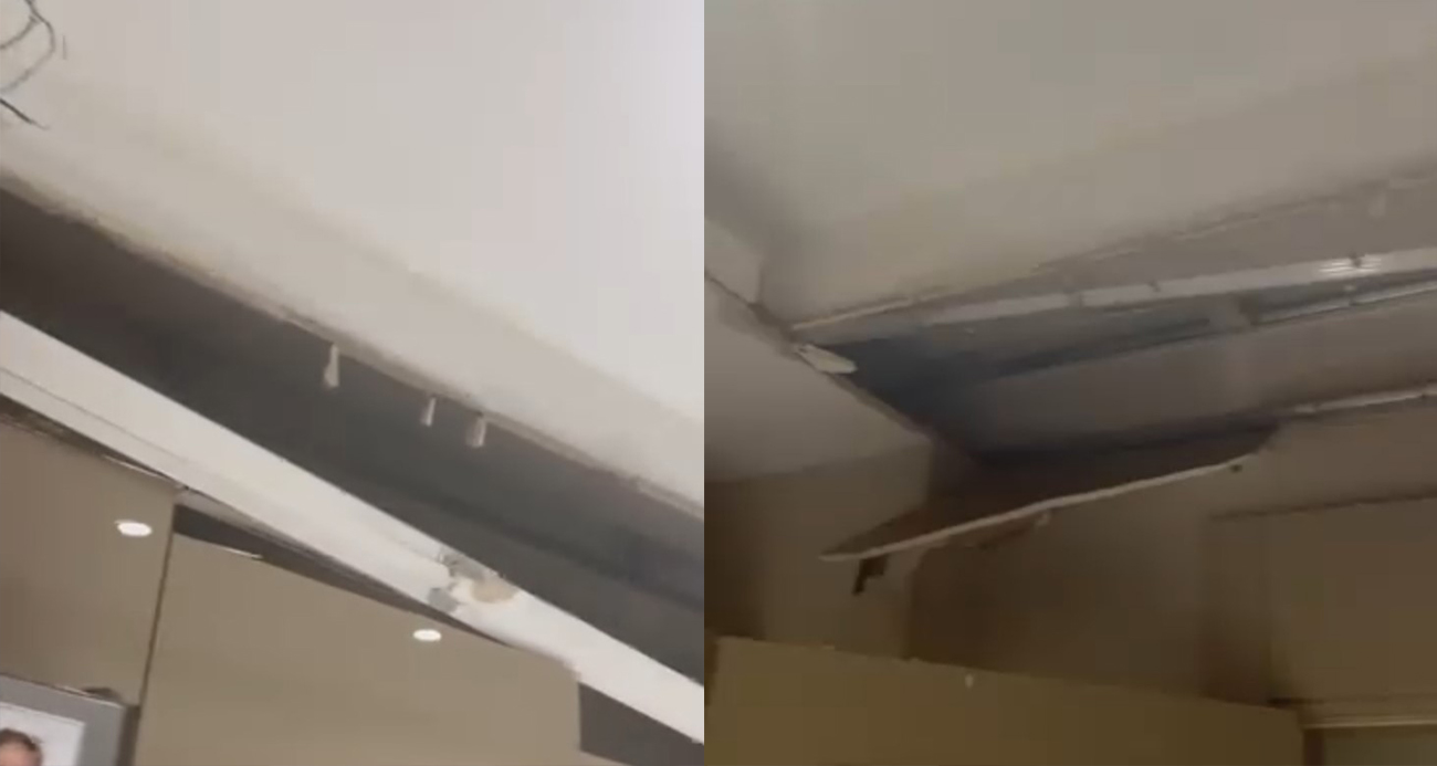 Yeni yapılan binada mutfağın tavanı çöktü... O anlar kamerada