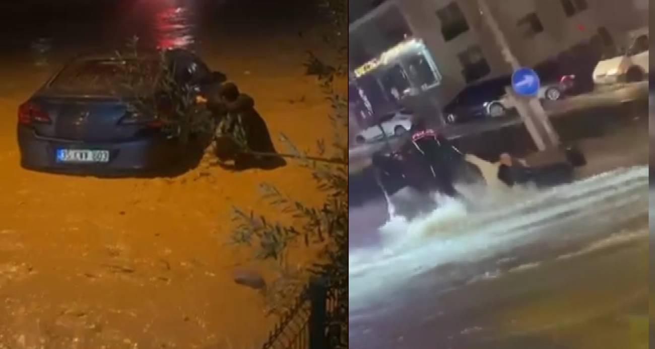 İzmir’de sağanak ve fırtına hayatı felç etti: Sel suları araçları sürükledi