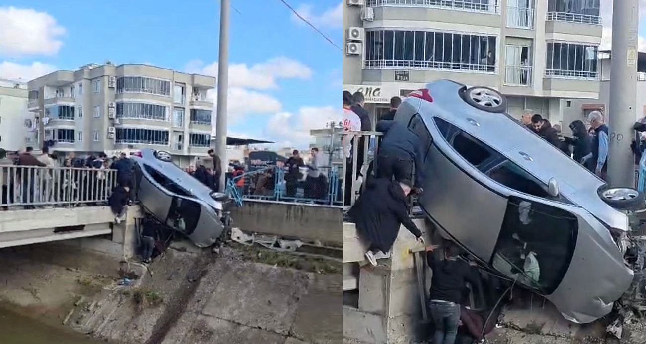 Kaza yapan araç köprünün korkuluklarında asılı kaldı, facia ucuz atlatıldı
