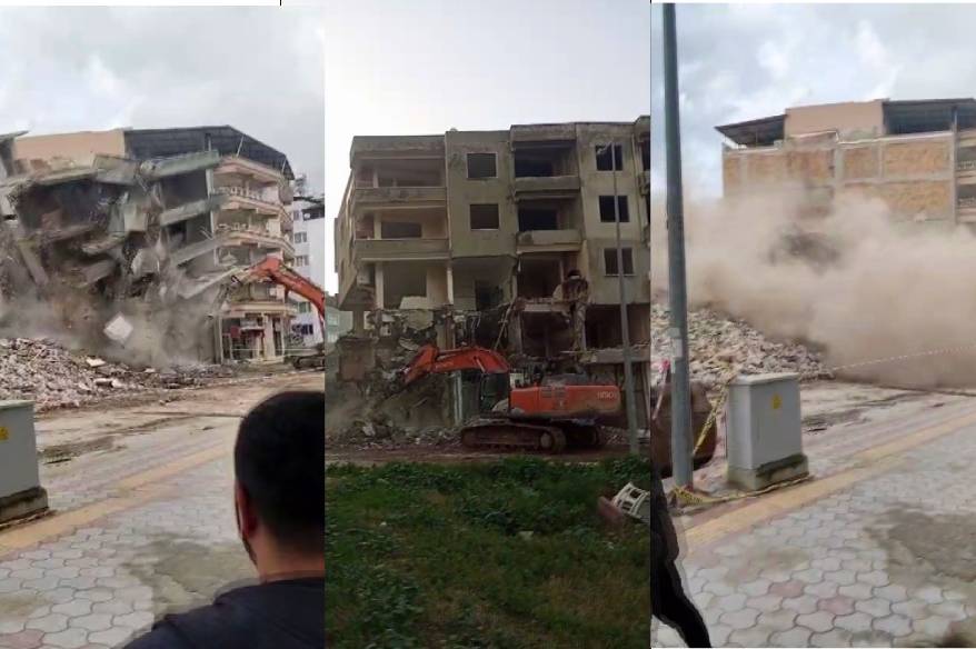 Hatay’da 5 katlı bina iş makinesinin darbesiyle yerle bir oldu