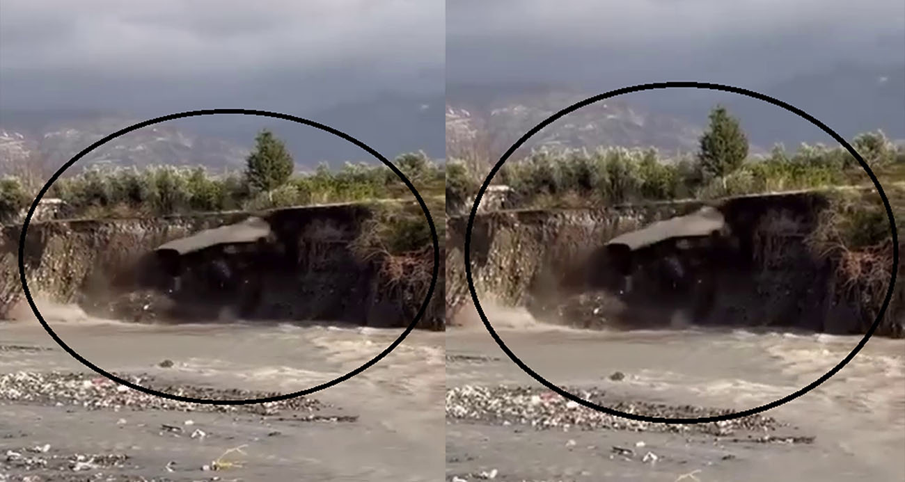 Aşırı yağışla birlikte yolda yaşanan çökme anı görüntülendi