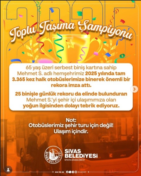 Yılda 3 bin 365 kullanımla, halk otobüsü kullanma rekoru kırdı