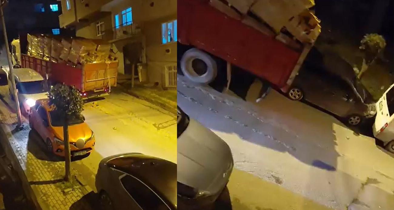 Aşırı yüklü kamyon kayarak iki aracı biçti; o anlar kamerada