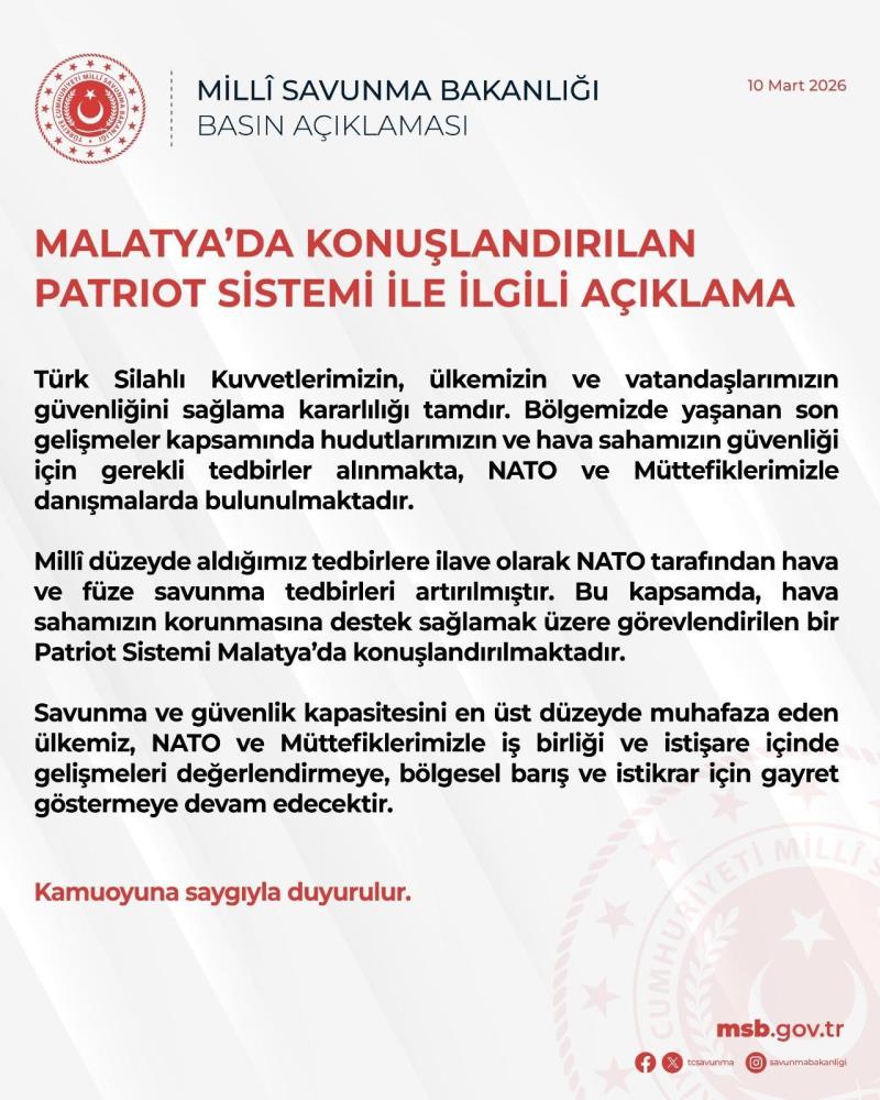 MSB: Malatya’ya patriot hava savunma sistemi konuşlandırılıyor