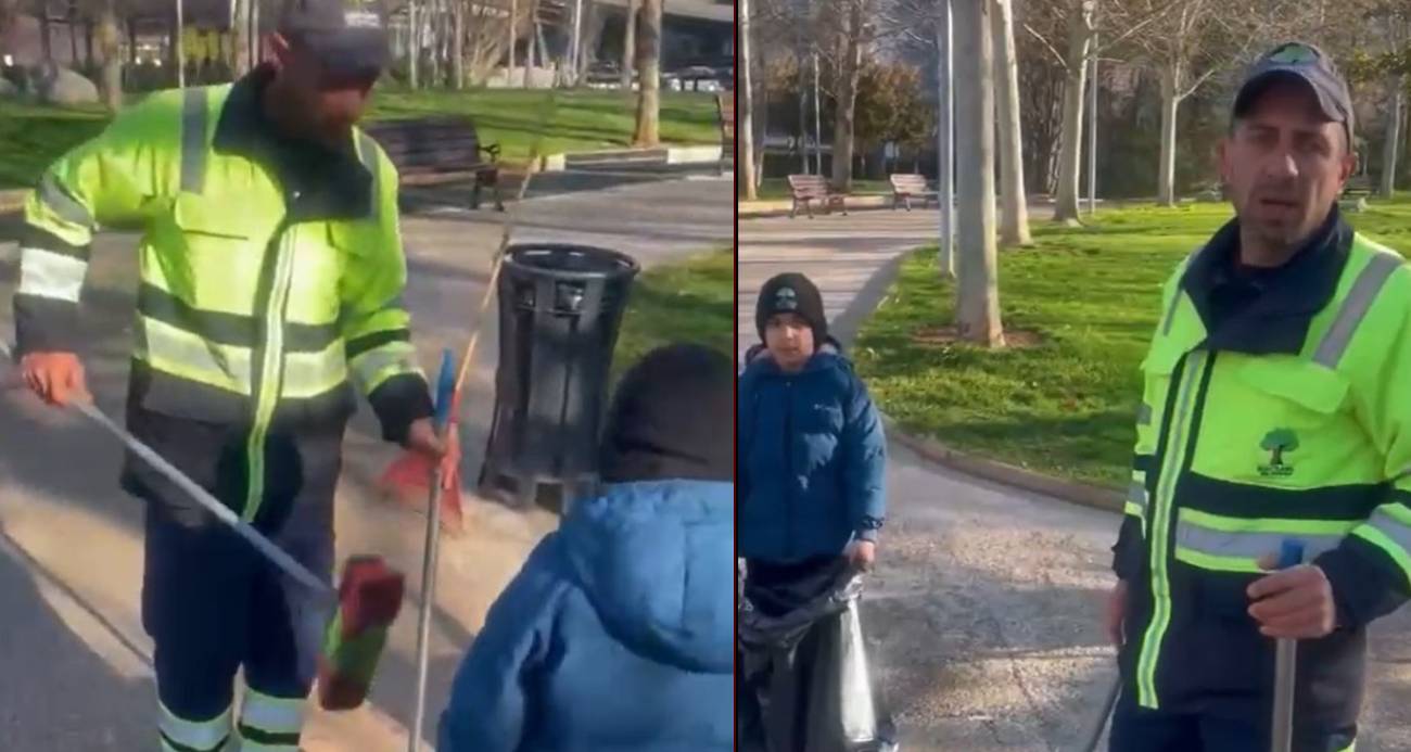 Küçük oğluyla birlikte çalışan temizlik işçisi duygulandırdı