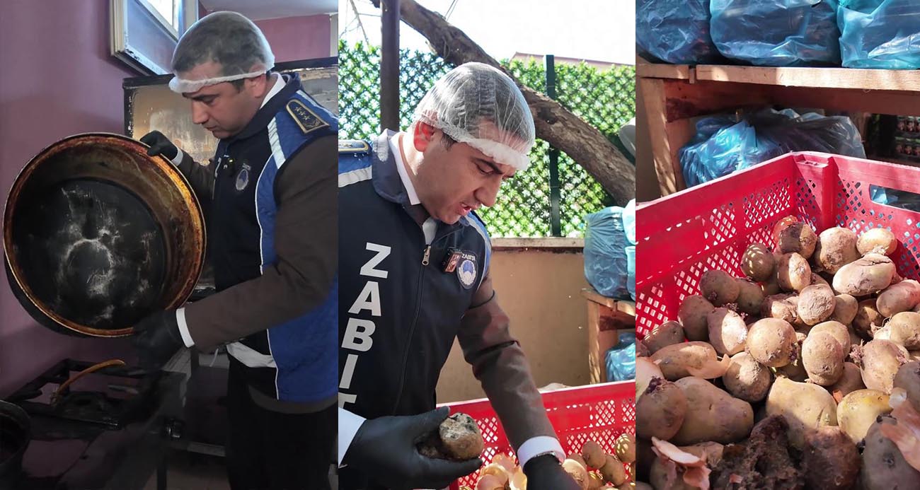 Mide bulandıran tencerenin bulunduğu yemekhane mutfağında üzerinde sinekler uçuşan çürümüş patatesler zabıta ekiplerini hayrete düşürdü