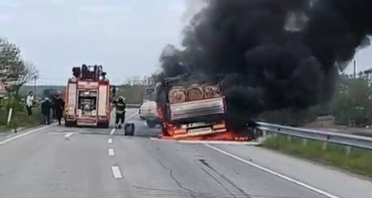 Samsun’un Bafra ilçesinde hareket halindeki tomruk yüklü kamyonda çıkan yangın korku dolu anlara neden oldu.