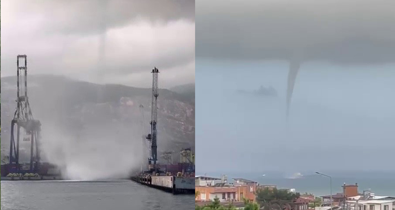  Hatay’ın İskenderun Körfezi’nde deniz üzerinde oluşan hortum, vatandaşlar tarafından cep telefonu kamerasıyla görüntülendi. Kısa süreli paniğe neden olan doğa olayı, karaya ulaştığında etkisini yitirdi.