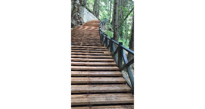 Sümela Manastırı’na giden patika yoldaki ağaç köklerini korumak için ahşap merdiven çözümü