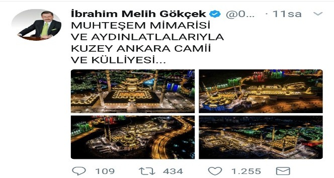Melih Gökçek’ten &quot;Kuzey Ankara Camii ve Külliyesi&quot; paylaşımı