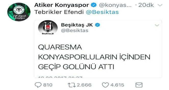 Atiker Konyaspor’dan Beşiktaş’a yanıt: &quot;Tebrikler efendi&quot;