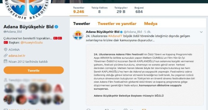Adana Büyükşehir Belediyesi’nden Meltem Cumbul’a kınama