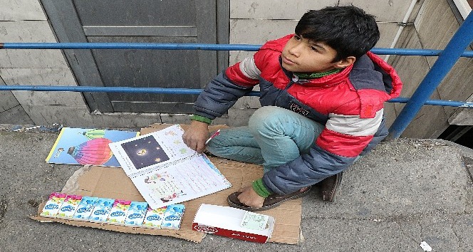 Sokakta hem ders çalışıyor hem de ailesi için mendil satıyor