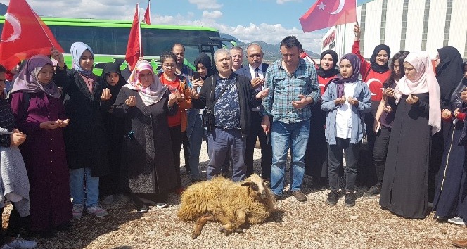 Mersin’den gelen öğrenciler Hassa’da Mehmetçik için kurban kesti