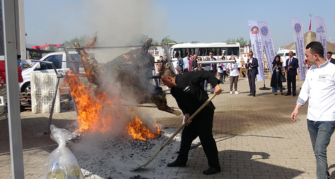 Festival için pişirilmeye çalışılan 200 kiloluk dana alev alev yandı