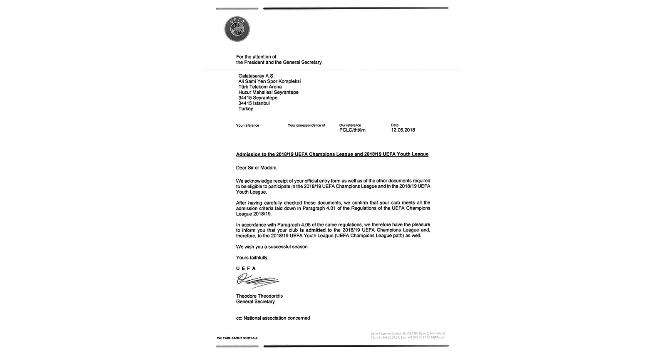 Galatasaray’a UEFA’dan kabul mektubu