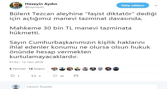Bülent Tezcan’a Cumhurbaşkanı Erdoğan’a hakaretten 30 bin TL’lik ceza