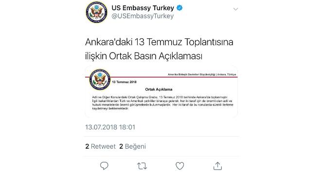 ABD Büyükelçiliği: &quot;Türk ve Amerikalı yetkililer adli ve hukuki meselelerde önemli görüşmelerde bulunmuşlardır&quot;