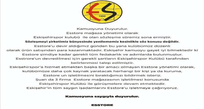 Esstore ile Eskişehirspor’un sözleşmesi sona erdi