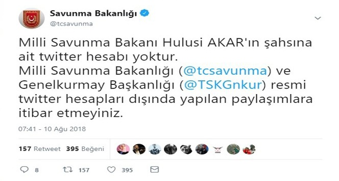 “Milli Savunma Bakanı Hulusi Akar’ın şahsına ait Twitter hesabı yoktur”