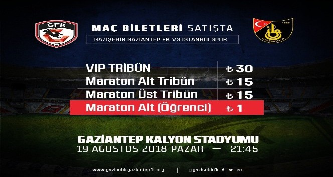 Gazişehir Gaziantep-İstanbulspor maçının bilet fiyatları belli oldu