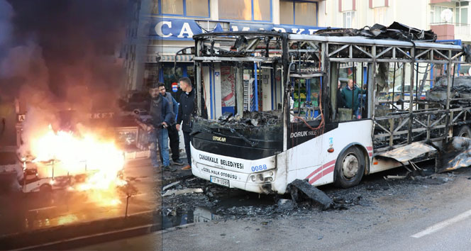Çanakkale&#039;de halk otobüsü alev alev yandı!