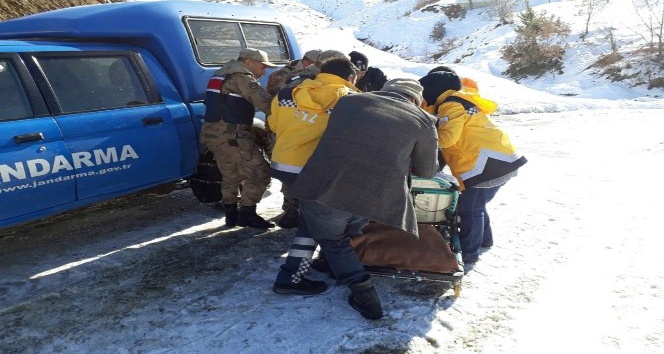 Jandarma, yaşlı hastayı 2 kilometre sedyede taşıdı