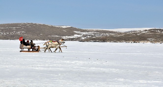 (Özel Haber) Kars’ta 40 santim buz tutan göl üzerinde atlı kızak keyfi