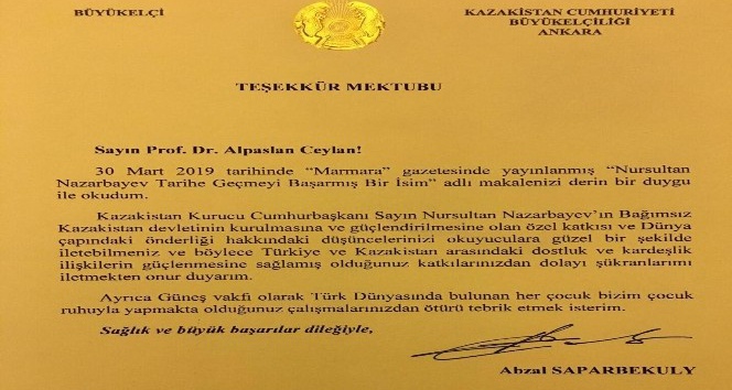 Kazakistan Büyükelçiliğinden Prof. Dr. Ceylan’a teşekkür mektubu