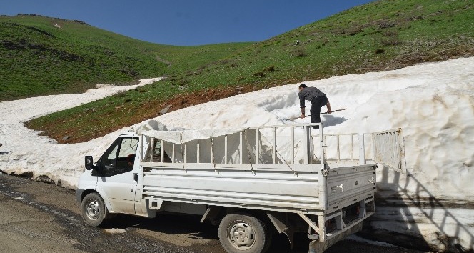 Dağlardan topladıkları karları ilçede sattılar