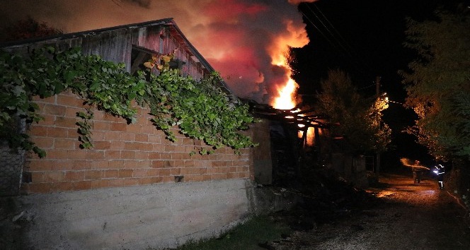 Bolu’da, evlerin arasındaki 2 katlı ahşap odunluk alev alev yandı