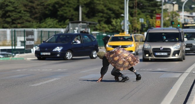 Kaplumbağa kostümlü tiyatrocu yaya geçidinde sürücülerin dikkatini çekti