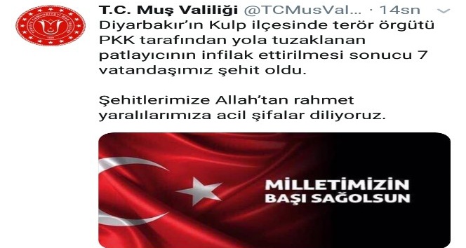 Muş Valiliğinden Diyarbakır’daki sivil şehitler için taziye mesajı