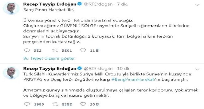 Cumhurbaşkanı Erdoğan: &quot;Barış Pınarı Harekatı başladı&quot;