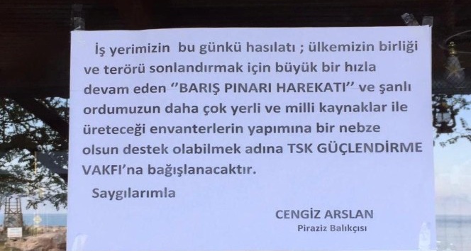 Balıkçı iş yerinin bir günlük hasılatını Barış Pınarı Harekatı’na destek için bağışladı