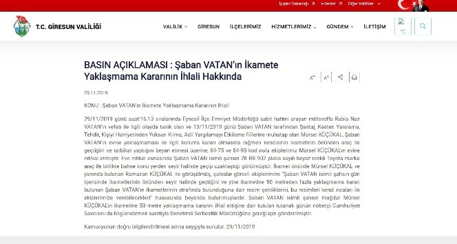 Giresun Valiliğinden Şaban Vatan açıklaması