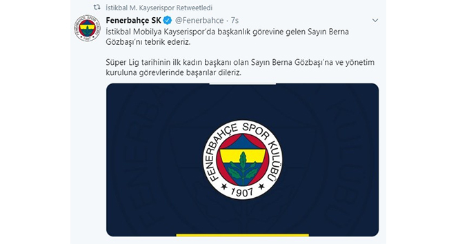 Kayserispor Kulüp Başkanı Berna Gözbaşı’ya tebrik yağıyor