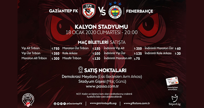 Gaziantep FK - Fenerbahçe maçı bilet satışları devam ediyor