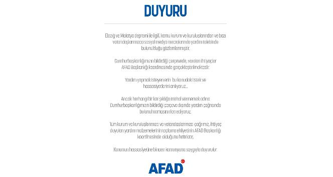 AFAD: &quot;Yardım malzemelerinin toplama ehliyetinin AFAD Başkanlığı koordinesinde olduğunu hatırlatırız”