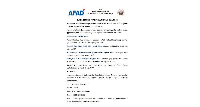 Kırklareli AFAD’dan Elazığ için yardım kampanyası