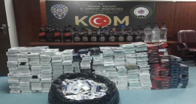 Adana’da 85 şişe kaçak içki ve 5 bin 838 paket sigara ele geçirildi