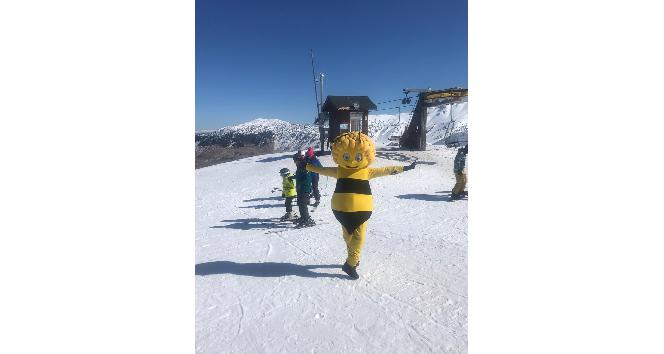 Arı Maya kostümüyle snowbord yapıp, Davraz kayak merkezini tek başına tanıttı