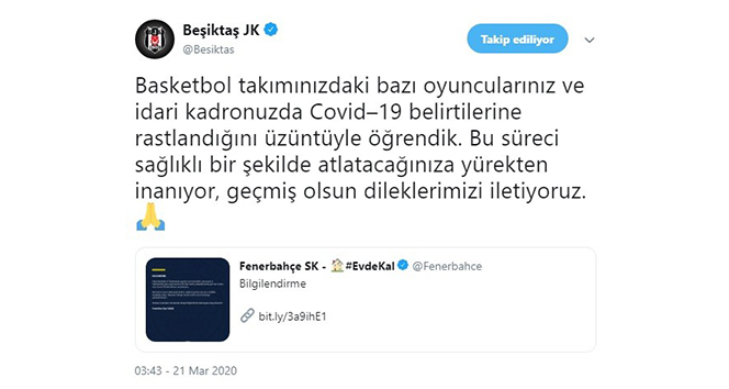 Beşiktaş&#039;tan Fenerbahçe&#039;ye geçmiş olsun mesajı