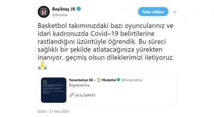 Beşiktaştan Fenerbahçeye geçmiş olsun mesajı
