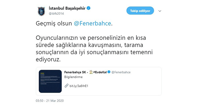Başakşehir&#039;den Fenerbahçe&#039;ye geçmiş olsun mesajı