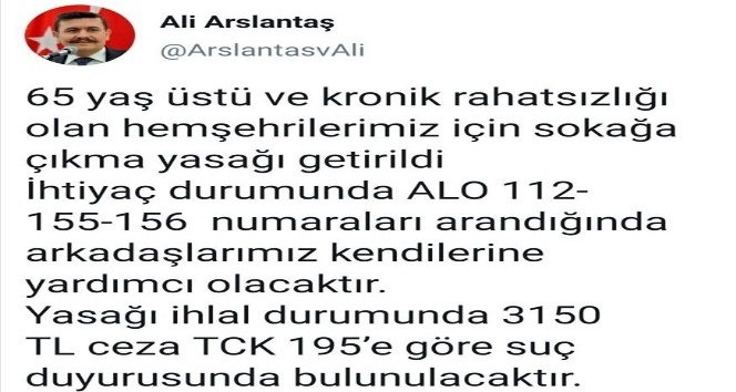 Erzincan’da 65 yaş üzeri keyfi dışarı çıkana 3 bin 150 TL ceza