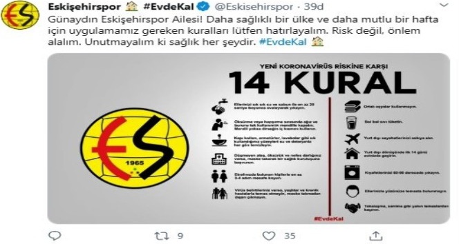 Eskişehirspor’dan ’evde kal’ çağrısı