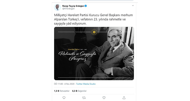 Cumhurbaşkanı Erdoğan&#039;dan, Alparslan Türkeş paylaşımı